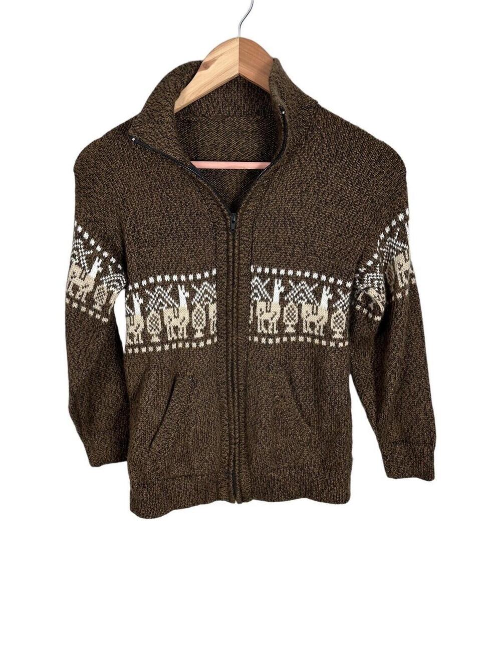 Alpaca Peruivain Sweater Cardigan Full Zip Pockets Unisex XS/S Llama Brown